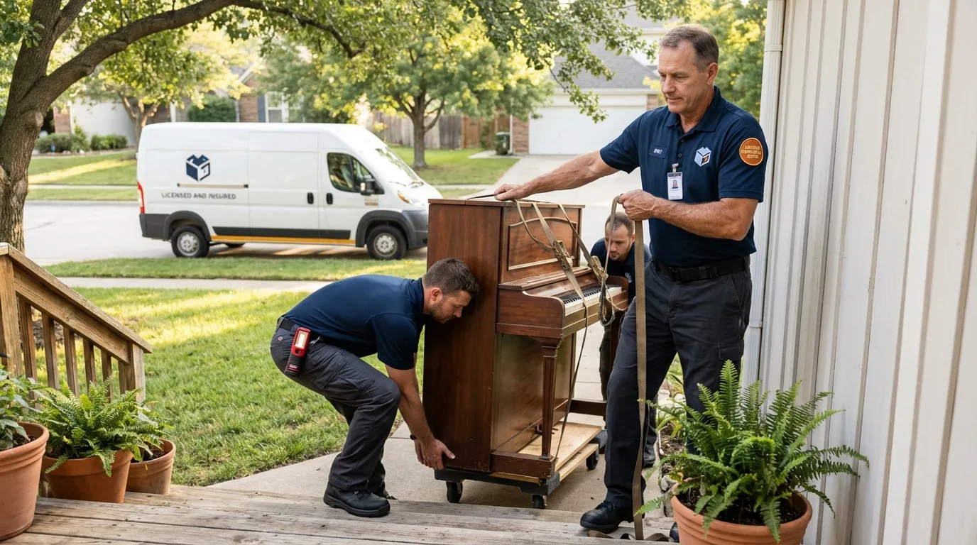 Licensed piano movers securing grand piano in Waverly, OH