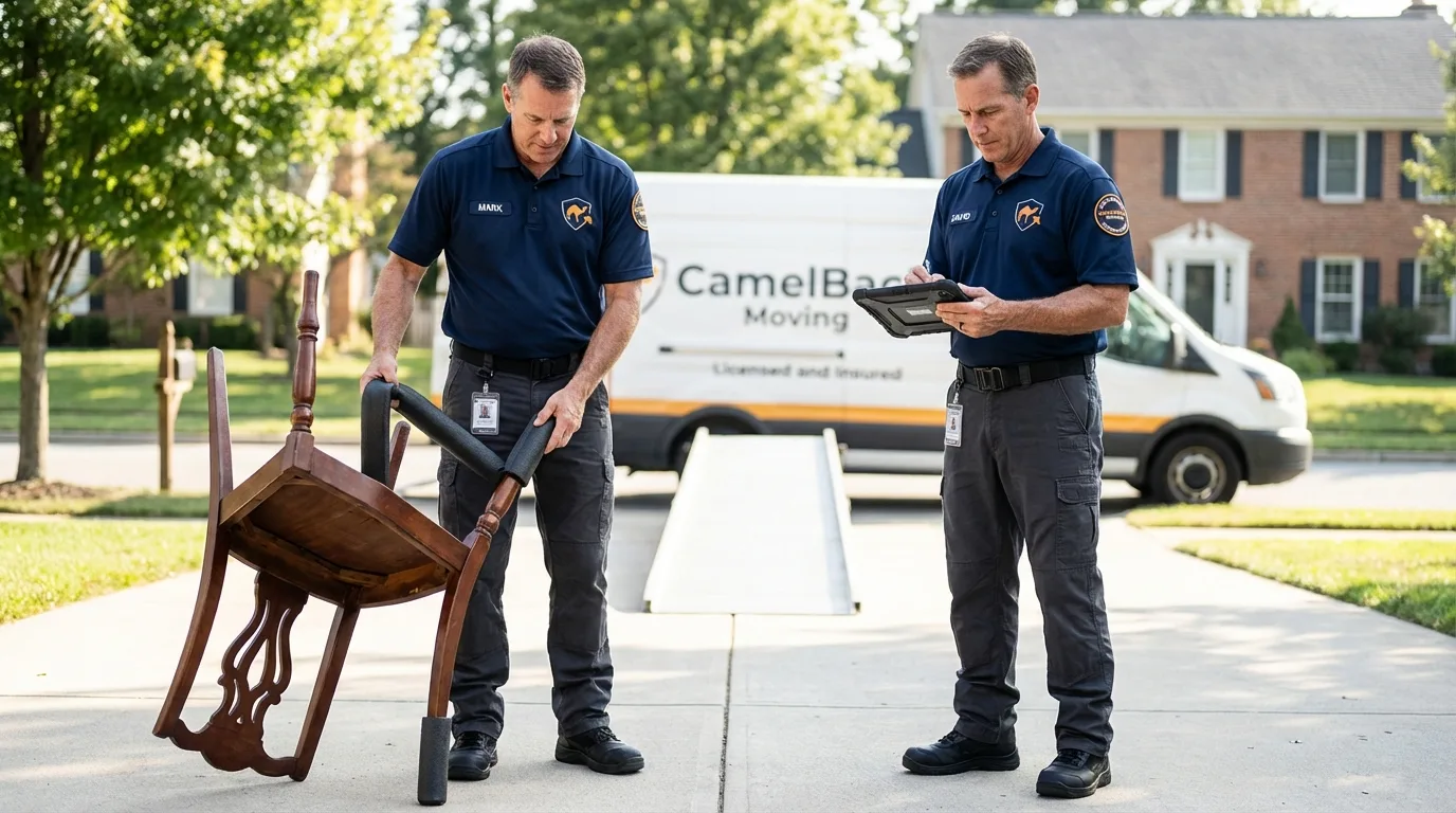 Movers inspecting furniture for damage prevention before loading in Waverly, OH