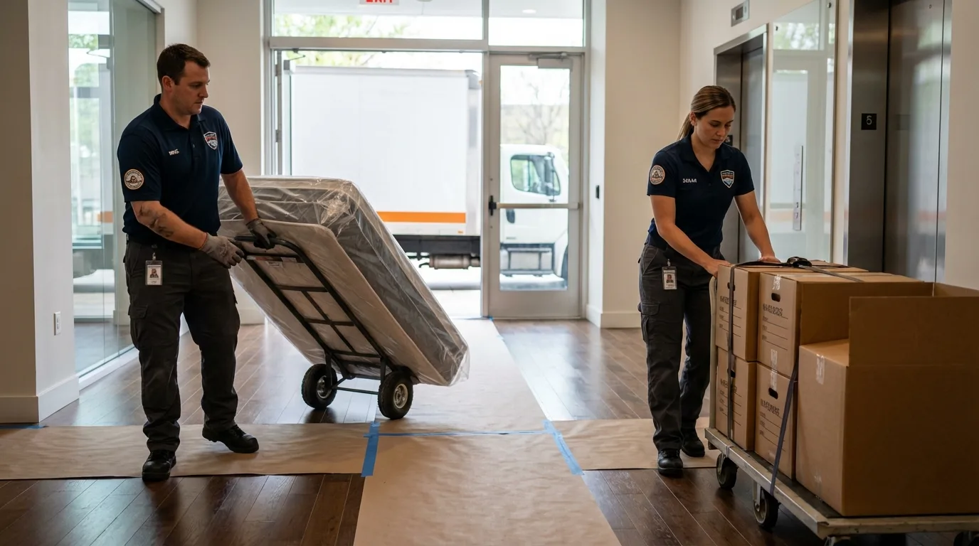 Professional apartment movers loading elevator in Waverly, OH